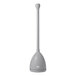 An OXO Good Grips grey toilet bowl plunger with a white pole and black top in a grey caddy.