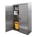 A stainless steel Advance Tabco mop sink cabinet with a double width mop sink and a right mop sink.