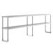 A stainless steel Avantco double deck overshelf with metal legs.