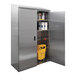 A stainless steel Advance Tabco mop sink cabinet with a left sink and cleaning supplies inside.
