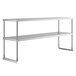 A stainless steel Avantco double deck overshelf with metal legs and two shelves.