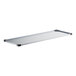 A silver galvanized steel wall shelf with black trim and corners.