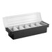 A black and white plastic Tablecraft condiment bar with six white plastic compartments.