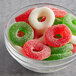 A bowl of Albanese Christmas gummi wreaths.