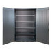 A white Valley Craft steel storage cabinet with open doors and shelves.