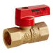 A close-up of a Watts brass gas ball valve with a red handle.
