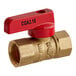 A brass gas ball valve with a red handle.