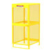 A yellow metal cabinet with a mesh door.