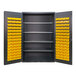 A Valley Craft metal storage cabinet with yellow bins on metal shelves.