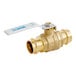 A brass Watts ball valve with a white handle.