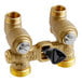 Two brass Watts manual washing machine shutoff valves with brass handles.