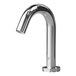 A close-up of a silver T&S WaveCrest electronic faucet with a gooseneck spout.