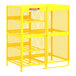 A yellow metal gas cylinder cabinet with mesh doors.