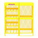 A yellow metal gas cylinder cabinet with mesh doors.