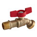 A close-up of a Watts brass boiler drain valve with a red knob.