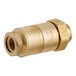 A brass Watts dual check valve with a nut on a gold metal pipe.