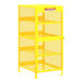 A yellow metal safety cabinet with shelves for gas cylinders.