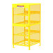 A yellow metal cabinet with shelves for Valley Craft gas cylinders.