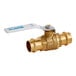 A brass Watts ball valve with a white handle.