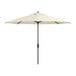 A close up of a beige Lancaster Table & Seating crank lift umbrella.