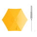 A yellow umbrella with a silver handle and a white center with silver accents.