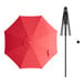 A red umbrella with a black pole and a white handle.