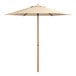 A beige umbrella with a wooden pole and aluminum accents.