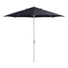 A navy blue Lancaster Table & Seating round umbrella with a silver pole.