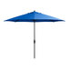 A blue Lancaster Table & Seating umbrella on a black stand.