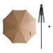 A tan umbrella with a black pole.