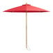 A close up of a Lancaster Table & Seating red umbrella with a wooden pole.