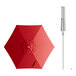 A red Lancaster Table & Seating umbrella with a silver pole and lift.