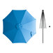 A blue circular umbrella with a black metal pole.