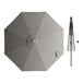 A Lancaster Table & Seating round pewter gray umbrella with a black pole and crank lift.