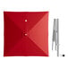 A red square cantilever umbrella with lights and a metal pole.