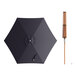 A navy round umbrella with a woodgrain handle.