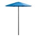 A blue umbrella with a black pole.