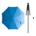 A blue umbrella with a black pole and a hole in the top.