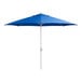 A blue umbrella with a white pole.