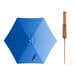 A blue umbrella with a wooden stick and lift.