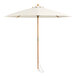 A white umbrella with a wooden pole and pulley lift.