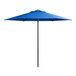 A blue Lancaster Table & Seating umbrella with a black pole.