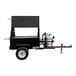 A black towable charcoal grill trailer with propane tanks on it.