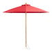 A close-up of a Lancaster Table & Seating round strawberry pulley lift umbrella with a wooden pole and red fabric.