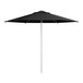 A black Lancaster Table & Seating umbrella with a silver pole.