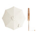 A white umbrella with a wooden pulley lift.