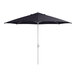 A navy blue Lancaster Table & Seating umbrella with a silver pole.