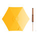 A yellow umbrella with a wooden handle and a push lift.