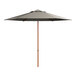 A grey Lancaster Table & Seating umbrella with a woodgrain pole.