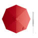 A red umbrella with a silver metal pole and crank lift.